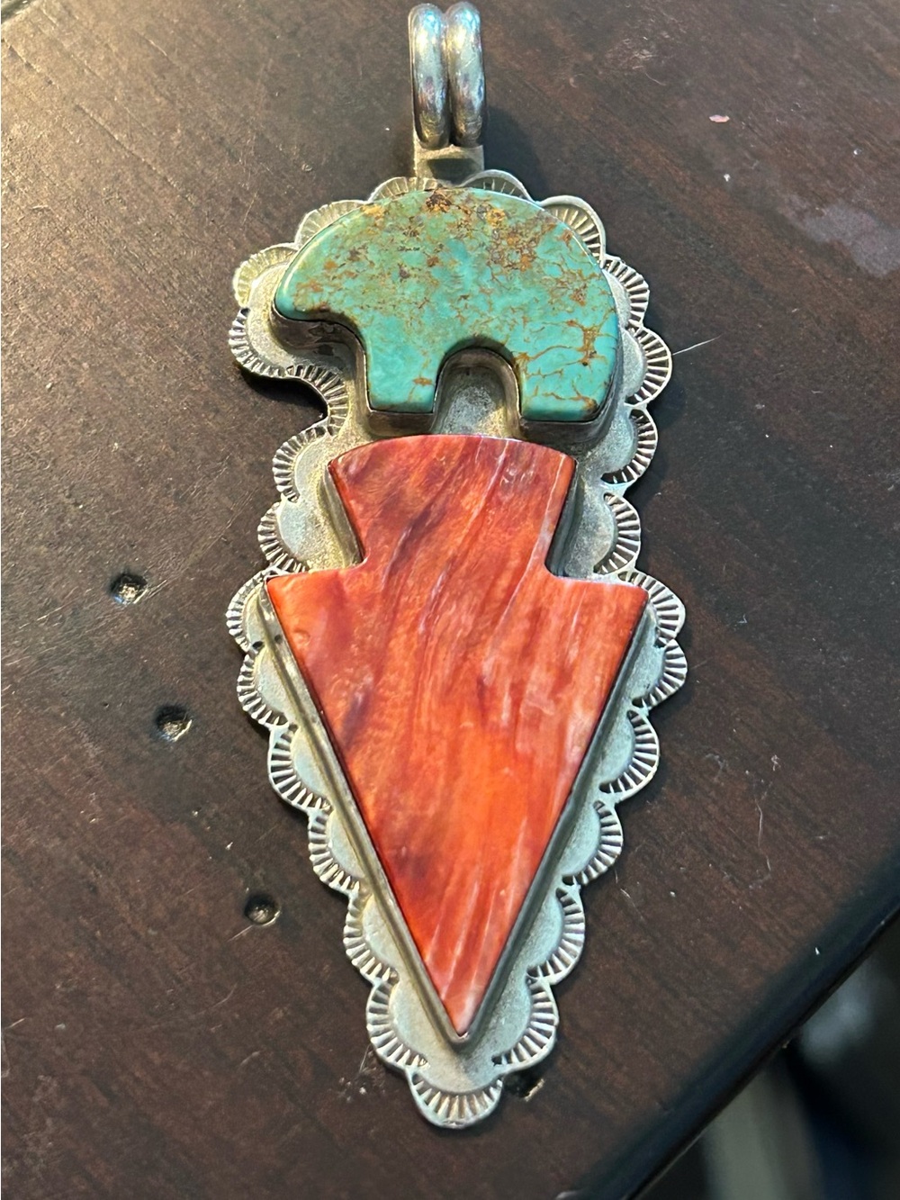 Vintage 1980s Navajo Sterling Silver pendant-Turquoise and Spiny Oyster inlay